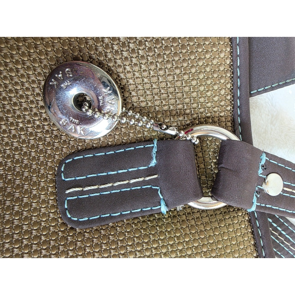 The Sak Woven Metallic Bronze Tote Bag Brown Trim Blue‎ Stitching - Picture 5 of 14